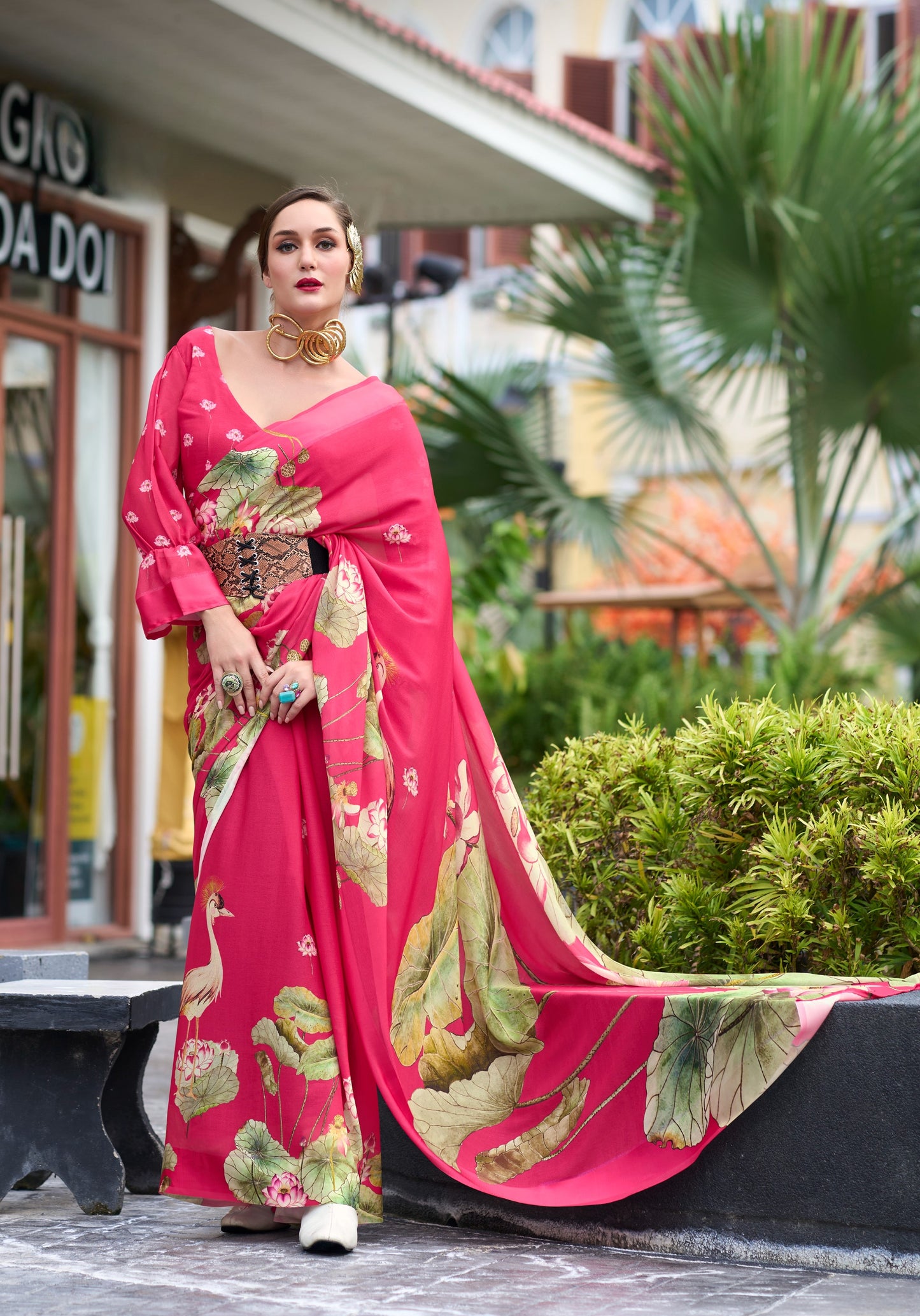 Pink Designer Printed Pure Georgette Saree With Blouse