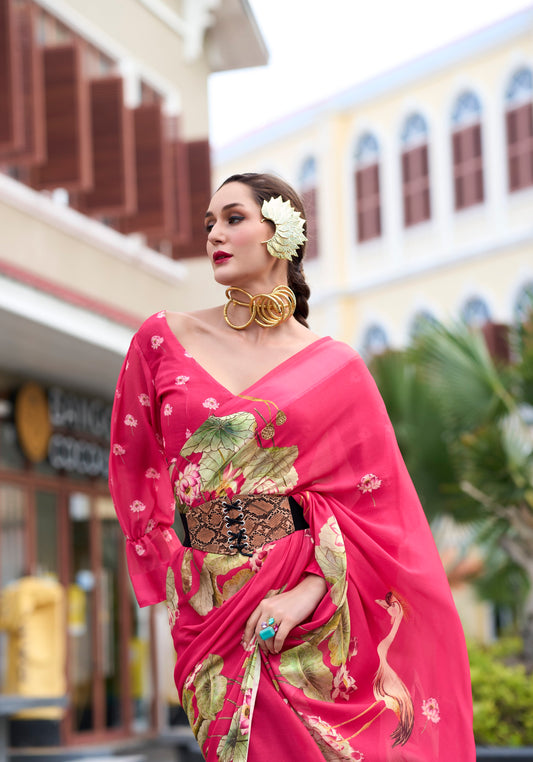 Pink Designer Printed Pure Georgette Saree With Blouse