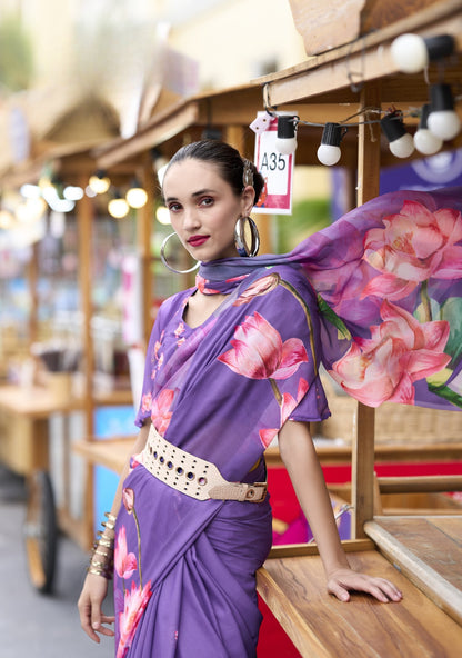 Lavender Designer Printed Pure Georgette Saree With Blouse