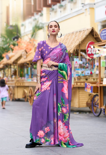 Lavender Designer Printed Pure Georgette Saree With Blouse