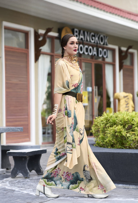 Cream Designer Printed Pure Georgette Saree With Blouse