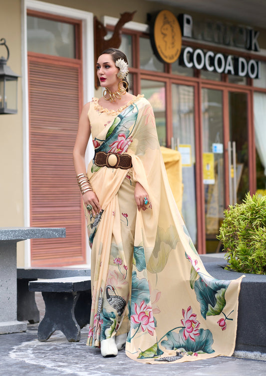 Cream Designer Printed Pure Georgette Saree With Blouse