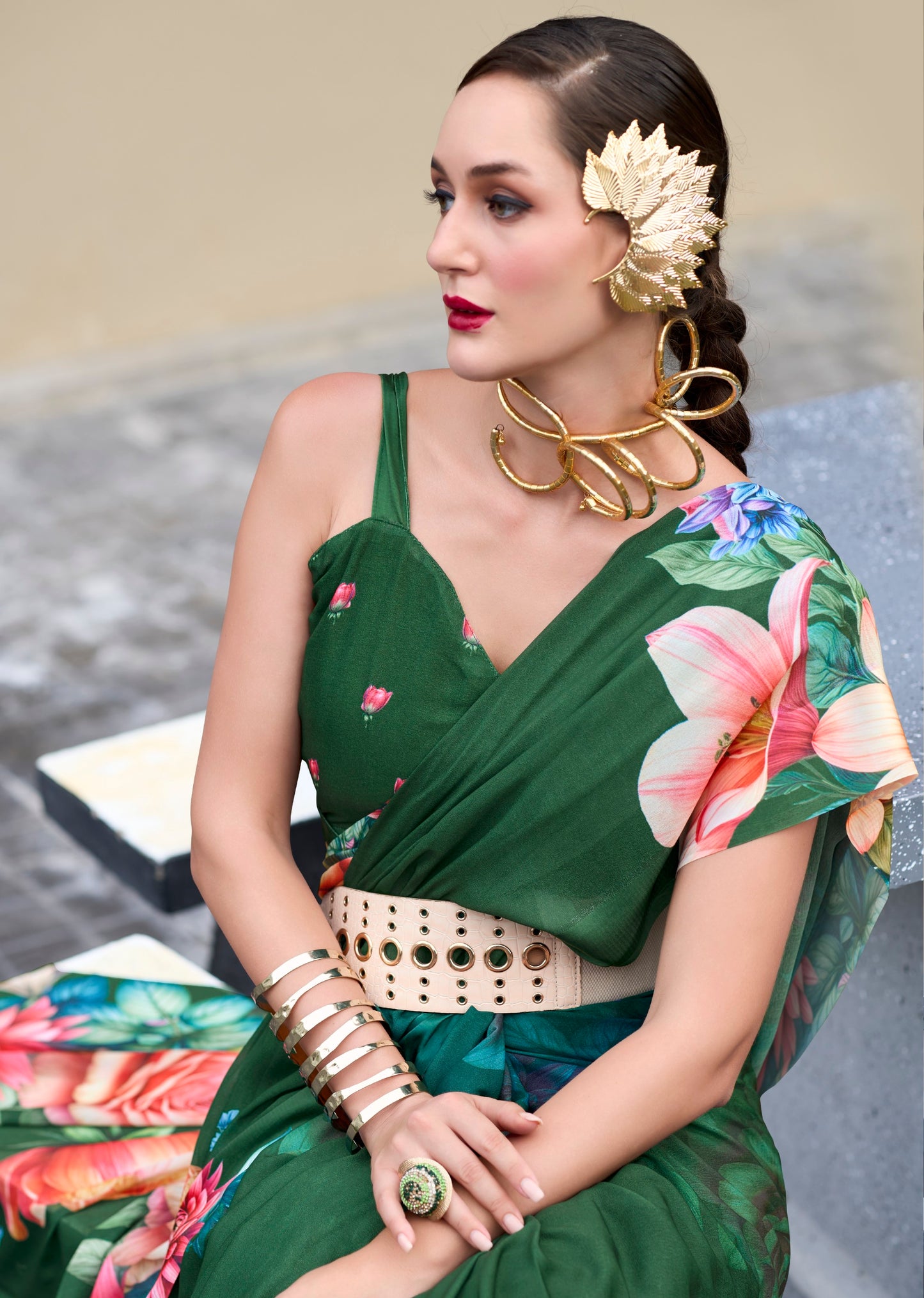Dark Green Designer Printed Pure Georgette Saree With Blouse