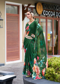 Dark Green Designer Printed Pure Georgette Saree With Blouse