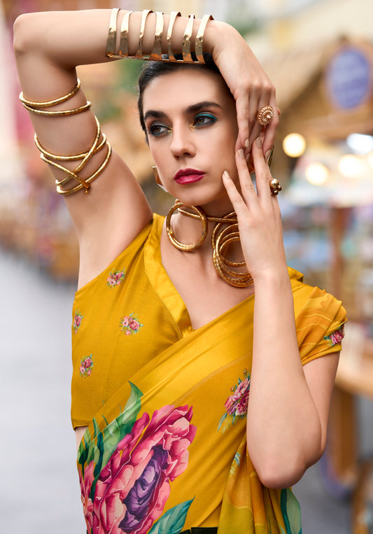 Mustard Designer Printed Pure Georgette Saree With Blouse