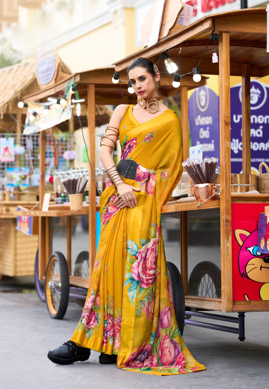 Mustard Designer Printed Pure Georgette Saree With Blouse