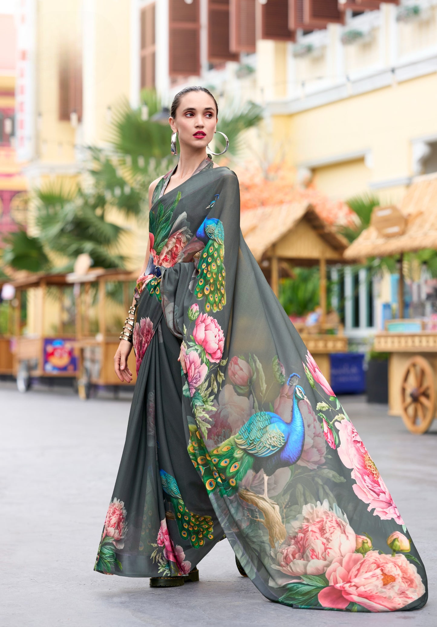Grey Designer Printed Pure Georgette Saree With Blouse