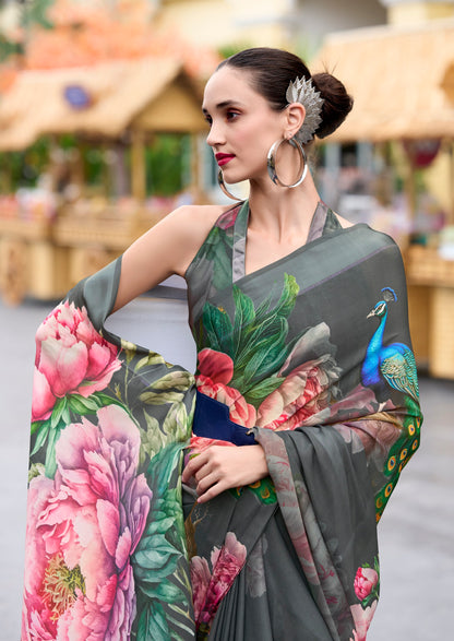 Grey Designer Printed Pure Georgette Saree With Blouse