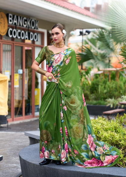 Green Designer Printed Pure Georgette Saree With Blouse