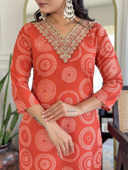 Women's Gorgeous Rayon Embroidery Straight Kurta with Pant And Dupatta Set