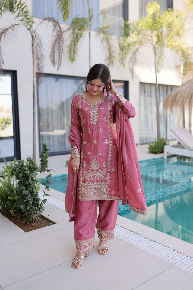 Pink Color Beautiful Ho Silk Fabric Stylish Ceremonial Attire