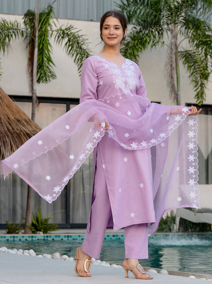 Women Beautiful Thread work Rayon Fabric with Straight Kurta, Pant and Dupatta Set