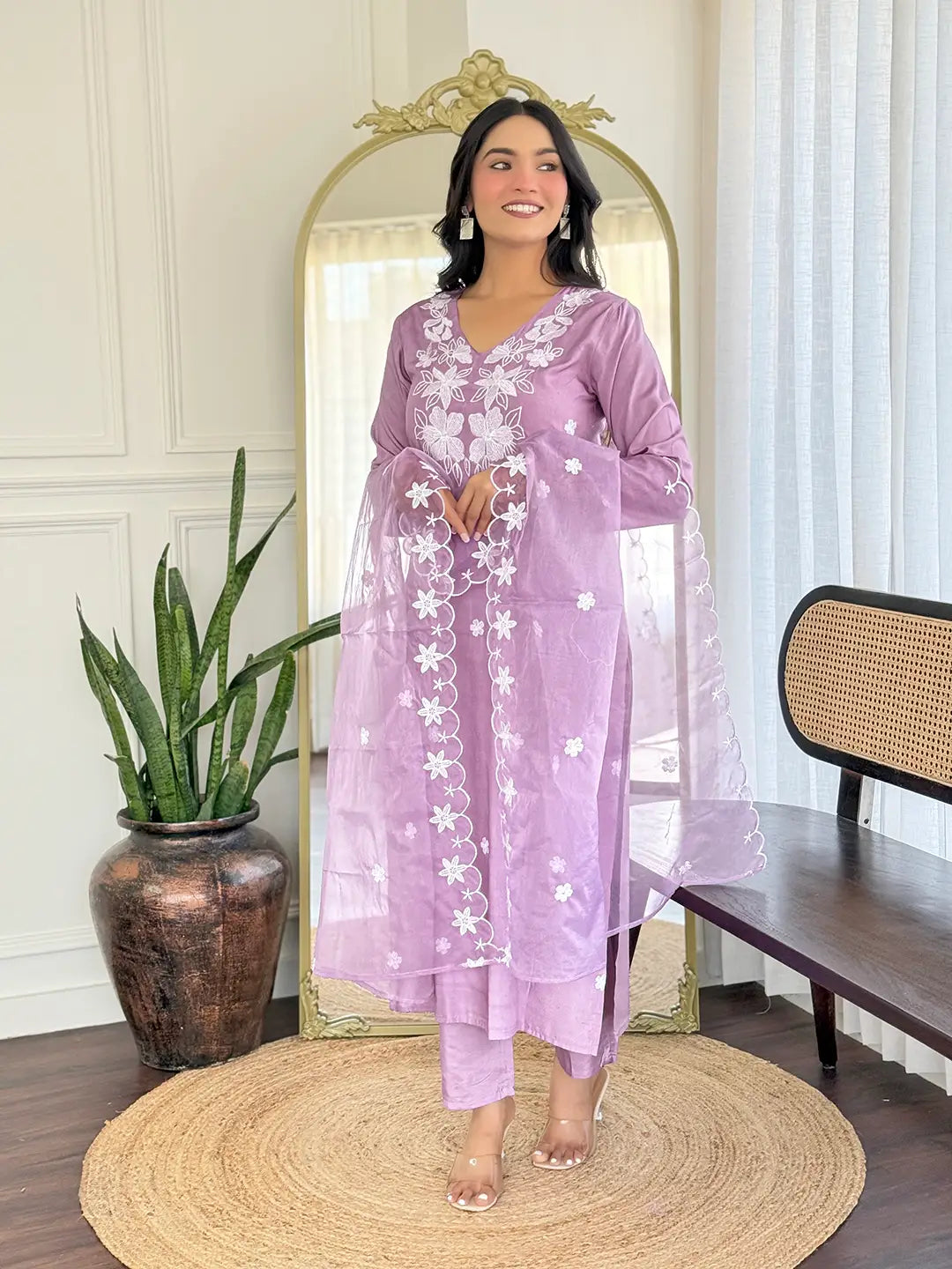 Women Beautiful Thread work Rayon Fabric with Straight Kurta, Pant and Dupatta Set 740