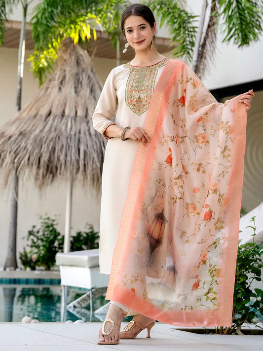 Women's Beautiful Ryon Fabric Embroidery Work Straight Kurta Pant and Dupatta Set 746