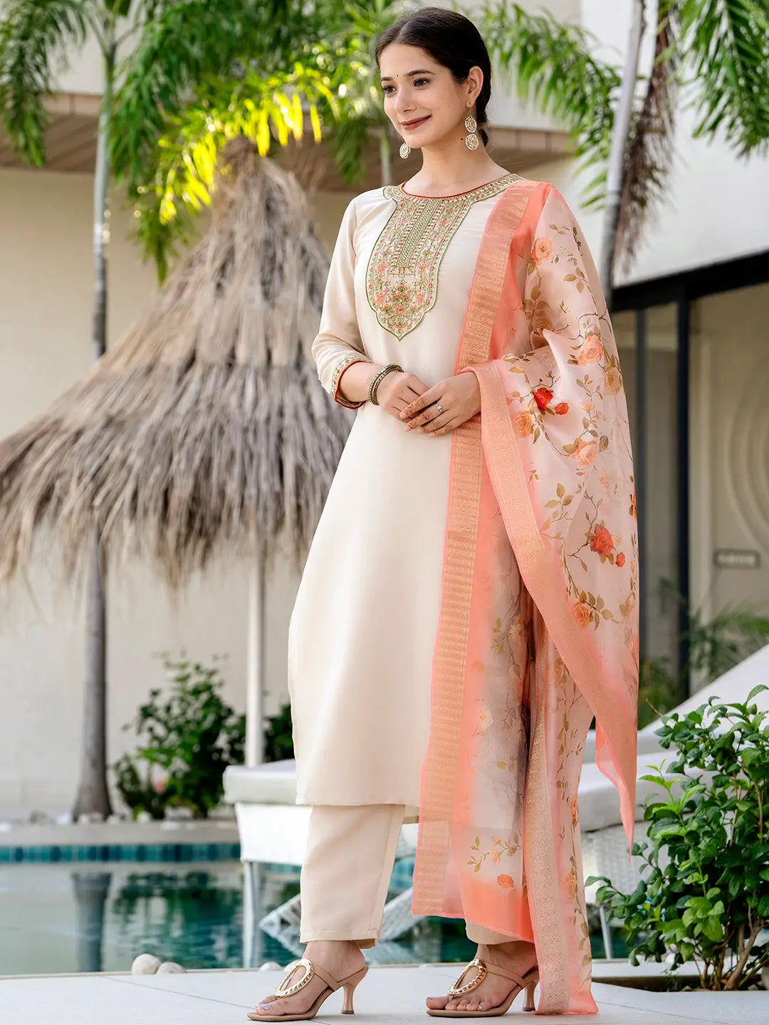 Women's Beautiful Ryon Fabric Embroidery Work Straight Kurta Pant and Dupatta Set