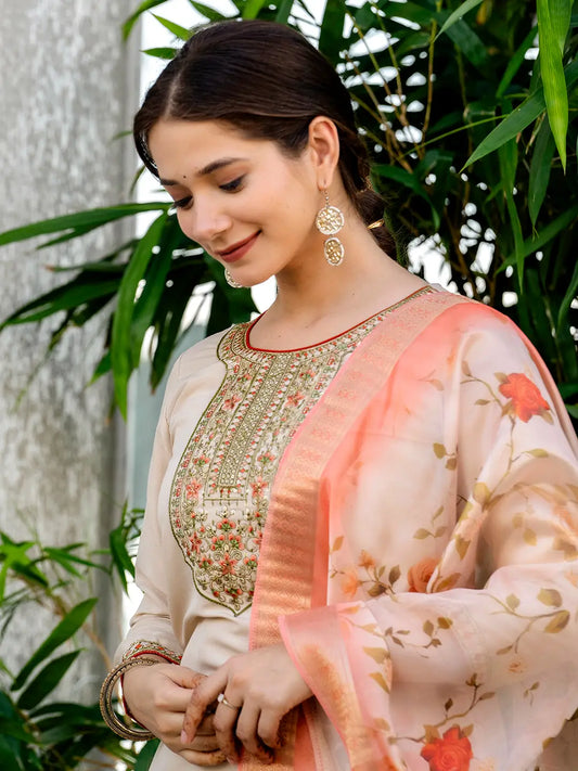Women's Beautiful Ryon Fabric Embroidery Work Straight Kurta Pant and Dupatta Set
