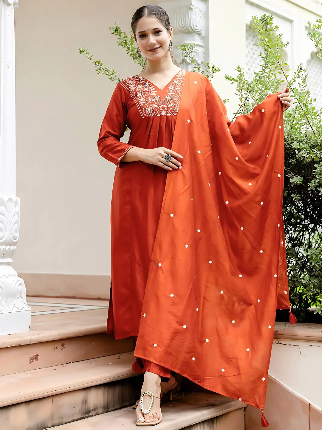 Women's Gorgeous Rayon Fabric Embroidery Work Straight Kurta Pant and Dupatta Set 748