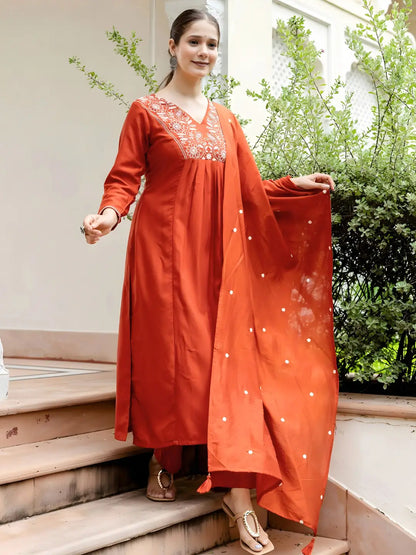 Women's Gorgeous Rayon Fabric Embroidery Work Straight Kurta Pant and Dupatta Set 748
