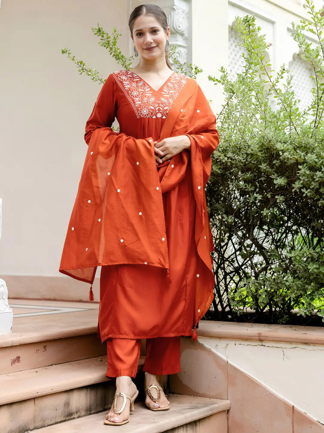 Women's Gorgeous Rayon Fabric Embroidery Work Straight Kurta Pant and Dupatta Set 748