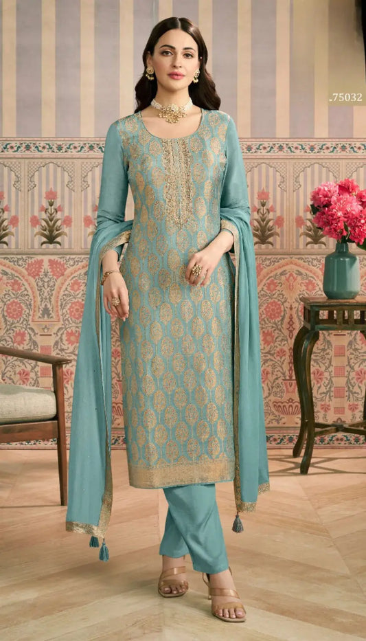 Sky Blue Viscose Lotus Simmer Semi Stitched Suit with Jacquard Work