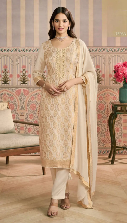 Beige Viscose Lotus Simmer Semi Stitched Suit with Jacquard Work