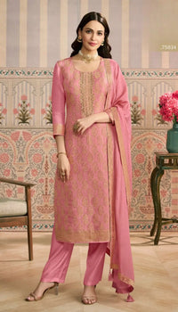 Peach Viscose Lotus Simmer Semi Stitched Suit with Jacquard Work
