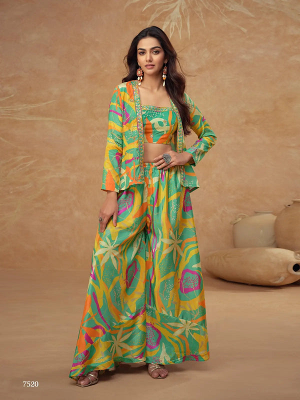 Parrot Green Real Chinon Free Size Stitched 3 Piece Suit with Printed & Embroidery hand work