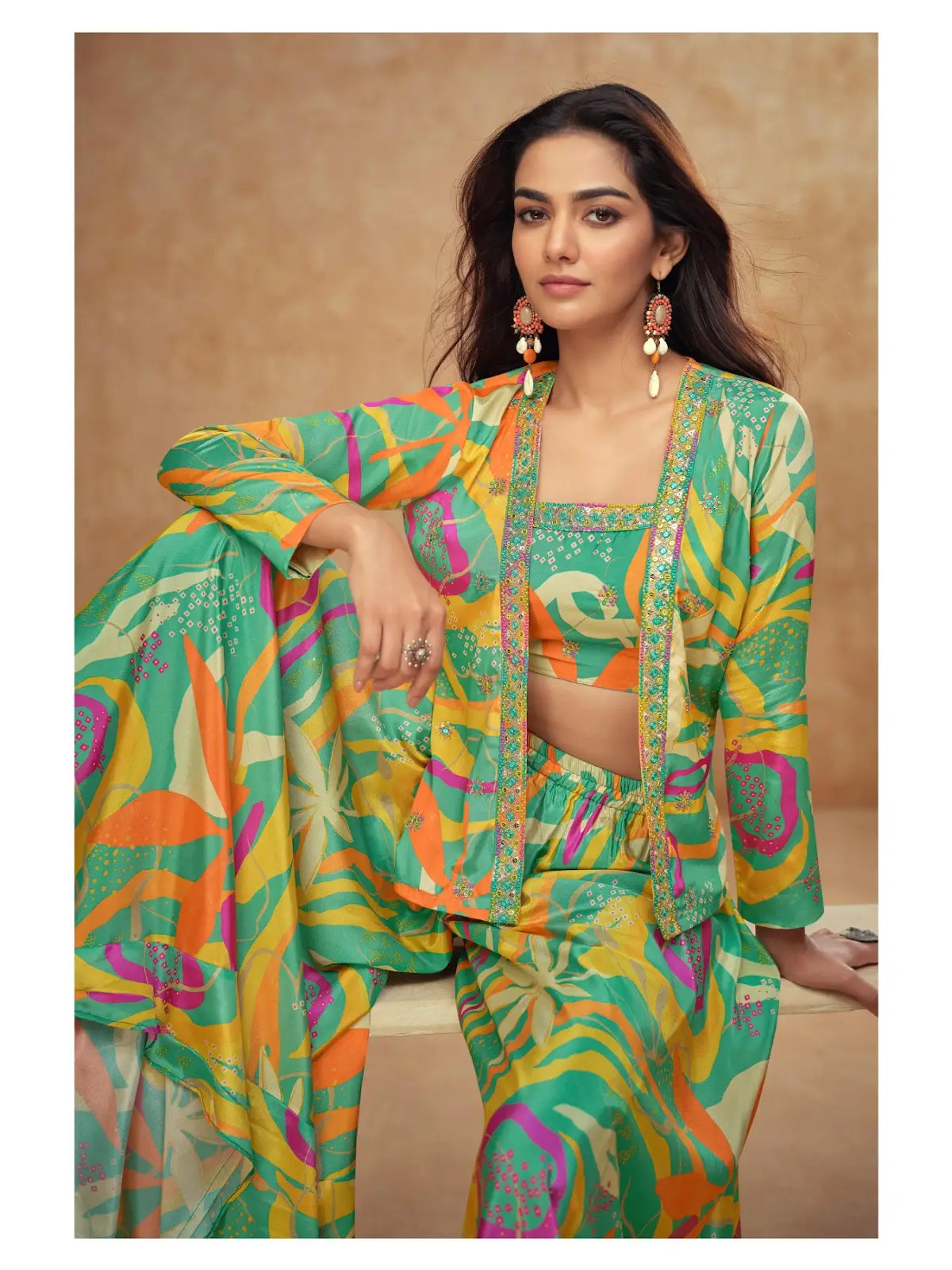 Parrot Green Real Chinon Free Size Stitched 3 Piece Suit with Printed & Embroidery hand work