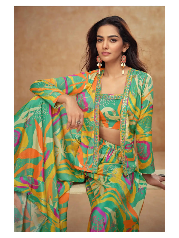Parrot Green Real Chinon Free Size Stitched 3 Piece Suit with Printed & Embroidery hand work