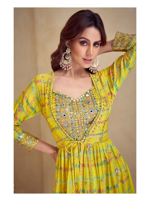 Yellow Real Chinon Free Size Stitched 3 Piece Suit with Printed & Embroidery hand work