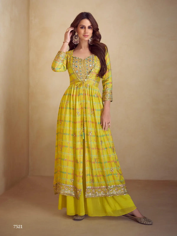Yellow Real Chinon Free Size Stitched 3 Piece Suit with Printed & Embroidery hand work