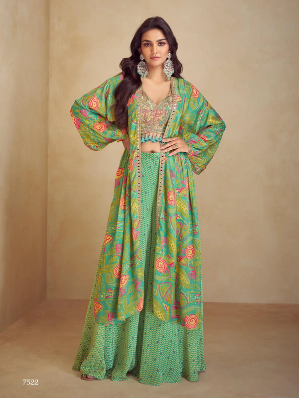 Green Real Chinon Free Size Stitched 3 Piece Suit with Printed & Embroidery hand work