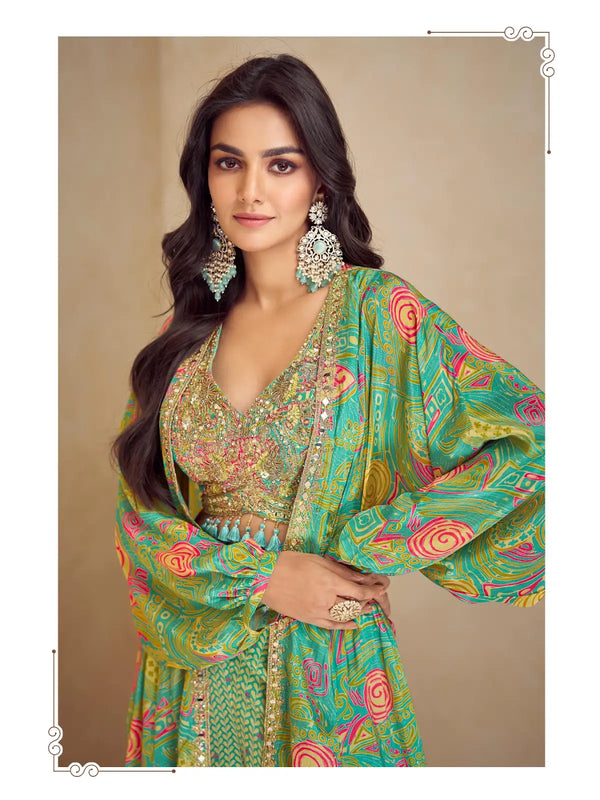 Green Real Chinon Free Size Stitched 3 Piece Suit with Printed & Embroidery hand work