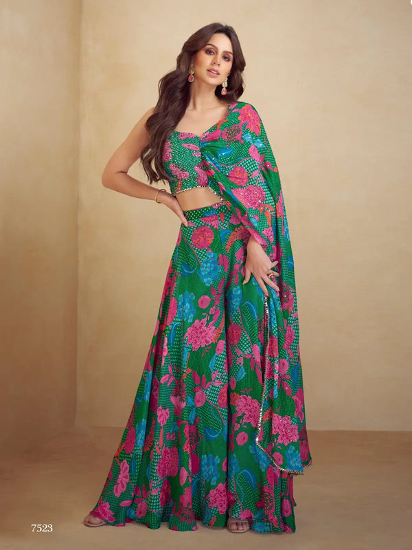 Dark Green Real Chinon Free Size Stitched Suit with Printed & Embroidery hand work