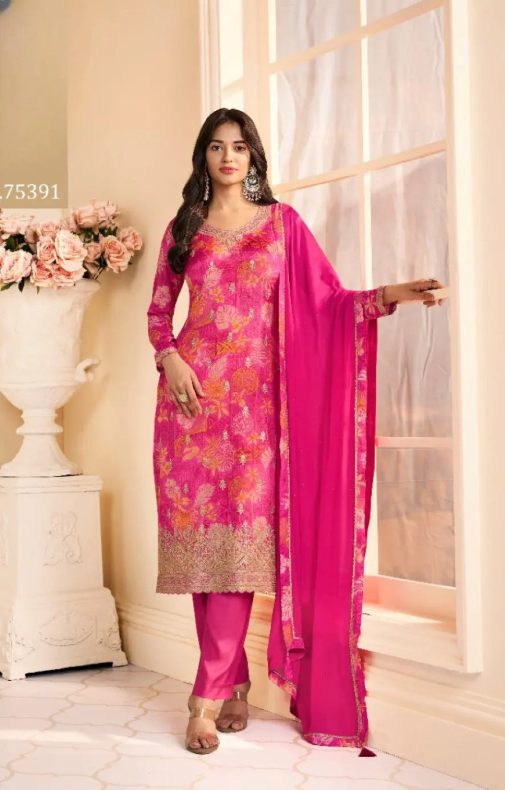 Magenta Chinon Semi Stitched Suit with Multi Digital Printed Work