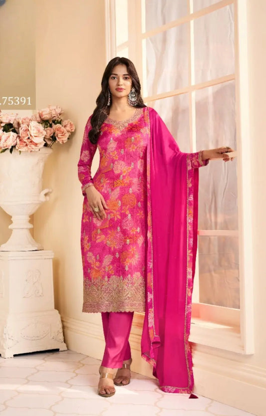 Magenta Chinon Semi Stitched Suit with Multi Digital Printed Work