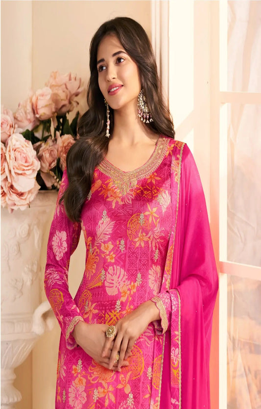 Magenta Chinon Semi Stitched Suit with Multi Digital Printed Work