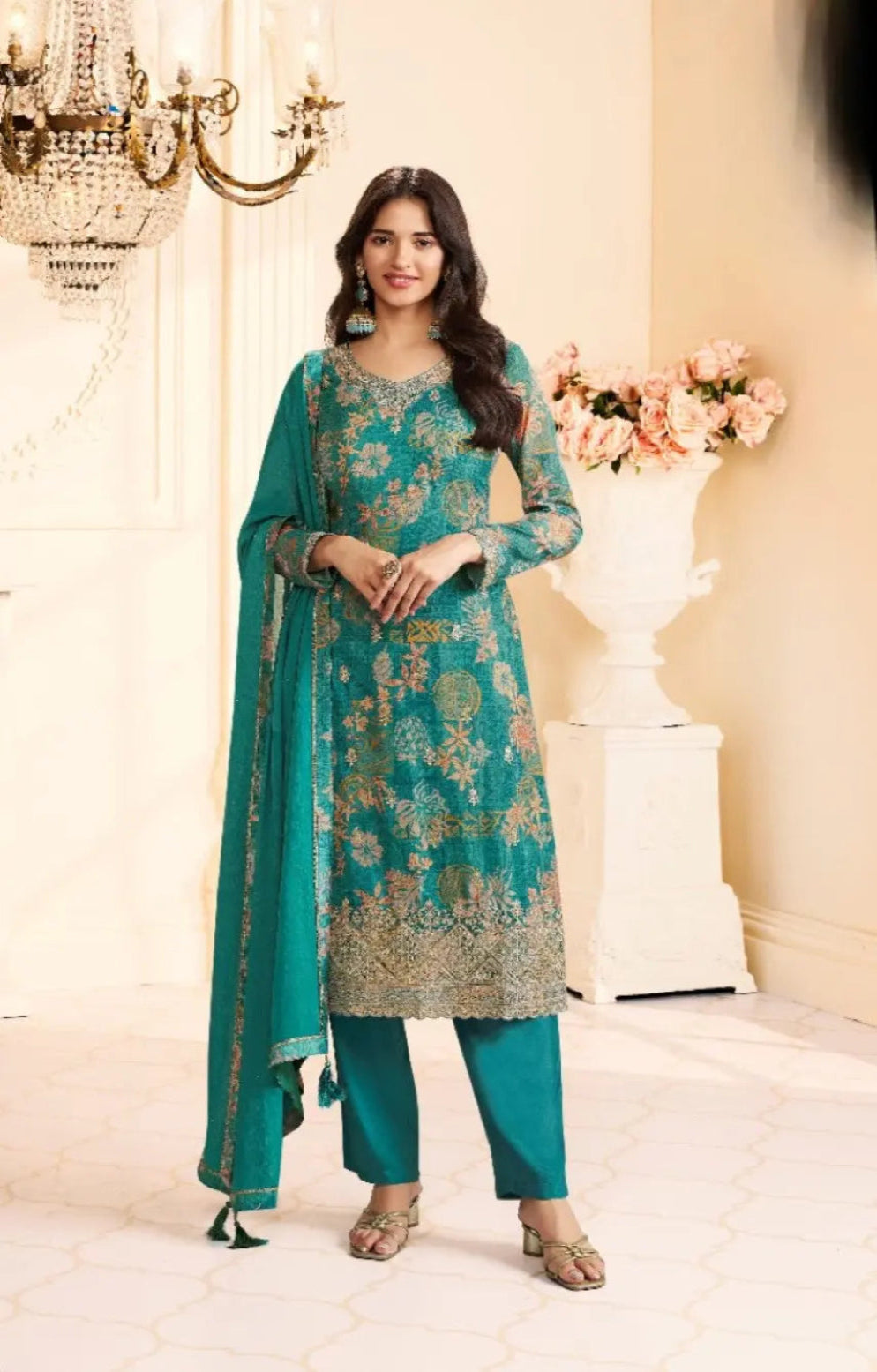 Teal Green Chinon Semi Stitched Suit with Multi Digital Printed Work