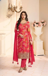 Red Chinon Semi Stitched Suit with Multi Digital Printed Work