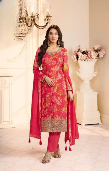 Red Chinon Semi Stitched Suit with Multi Digital Printed Work