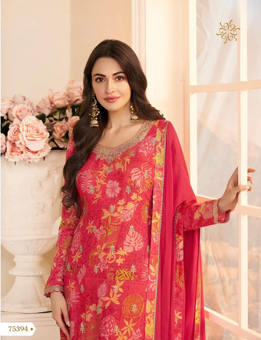 Red Chinon Semi Stitched Suit with Multi Digital Printed Work