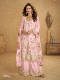 Pink Chinon Free Size Stitched Suit with Embroidered Sequence & Mirror Work