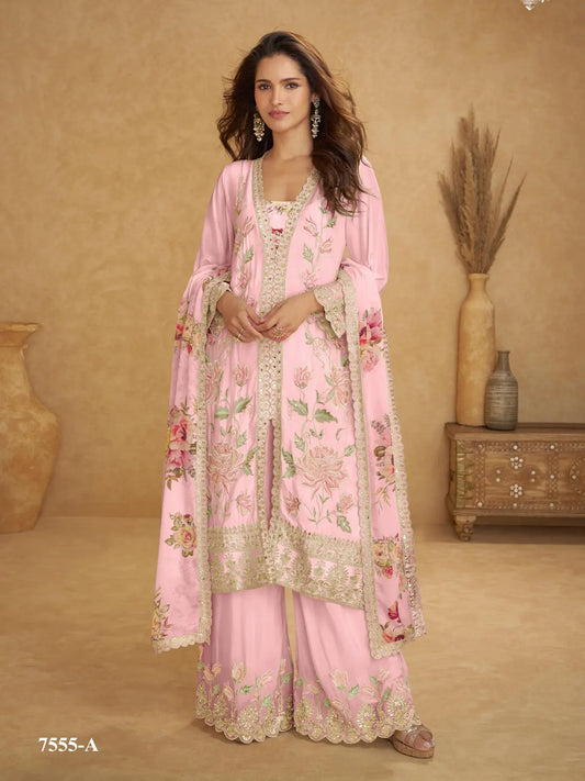 Pink Chinon Free Size Stitched Suit with Embroidered Sequence & Mirror Work