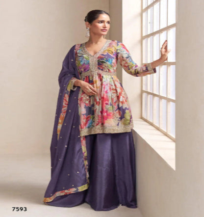 Purple Chinon Free Size Stitched Plazzo Suit with Embroidery Work