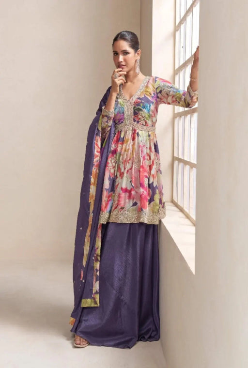 Purple Chinon Free Size Stitched Plazzo Suit with Embroidery Work