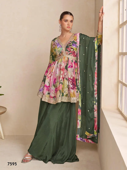Dark Green Chinon Free Size Stitched Plazzo Suit with Embroidery Work