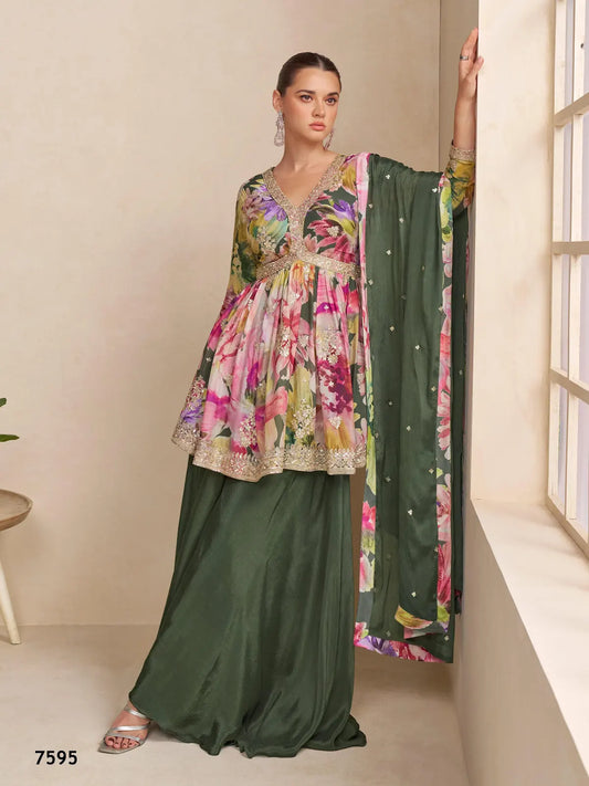 Dark Green Chinon Free Size Stitched Plazzo Suit with Embroidery Work