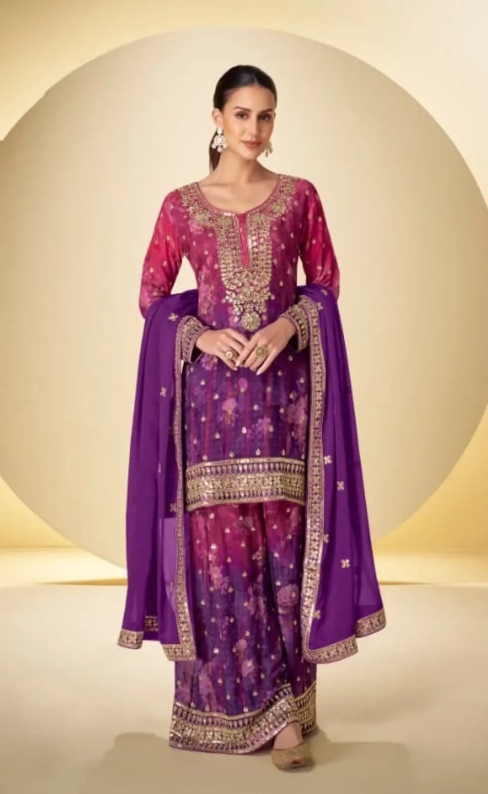 Purple Chinon Silk Readymade Suit with Sequence Work
