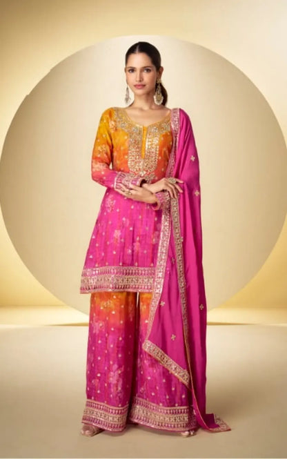 Pink Chinon Silk Readymade Suit with Sequence Work