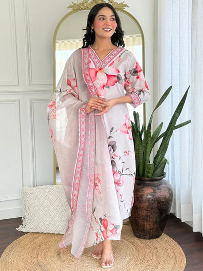Women's Beautiful Rayon Fabric Printed Work Straight Kurta Pant and Dupatta Set 760
